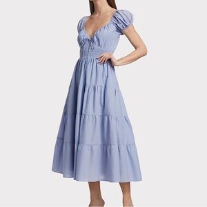 En Saison Bleu Smocked Cotton Midi Dress, blue tiered cottagecore medium